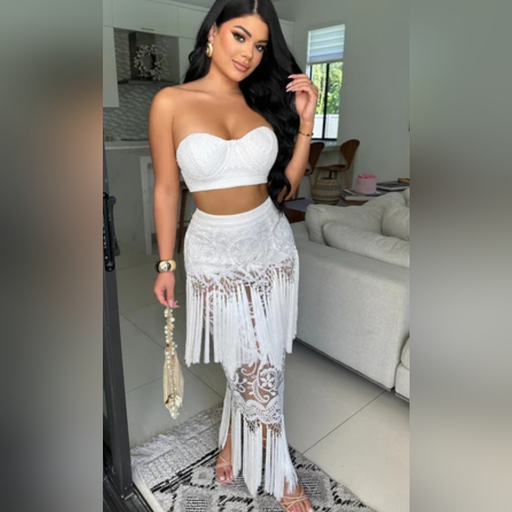 White Fringe skirt set